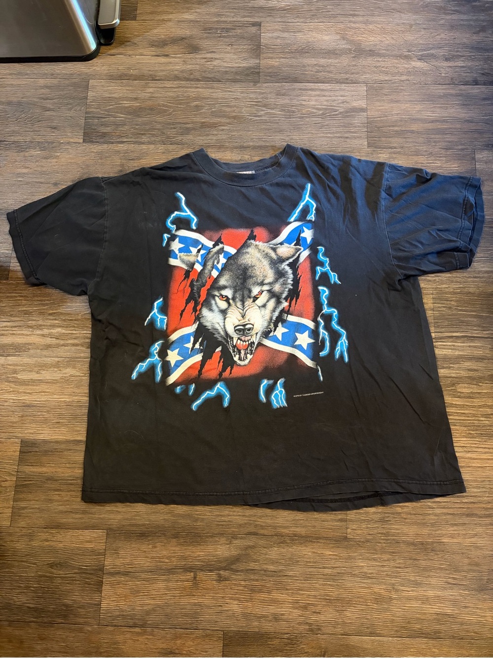 Vintage 90s American Thunder Lightning Wolf USA Rebel Biker Distress T-Shirt XXL